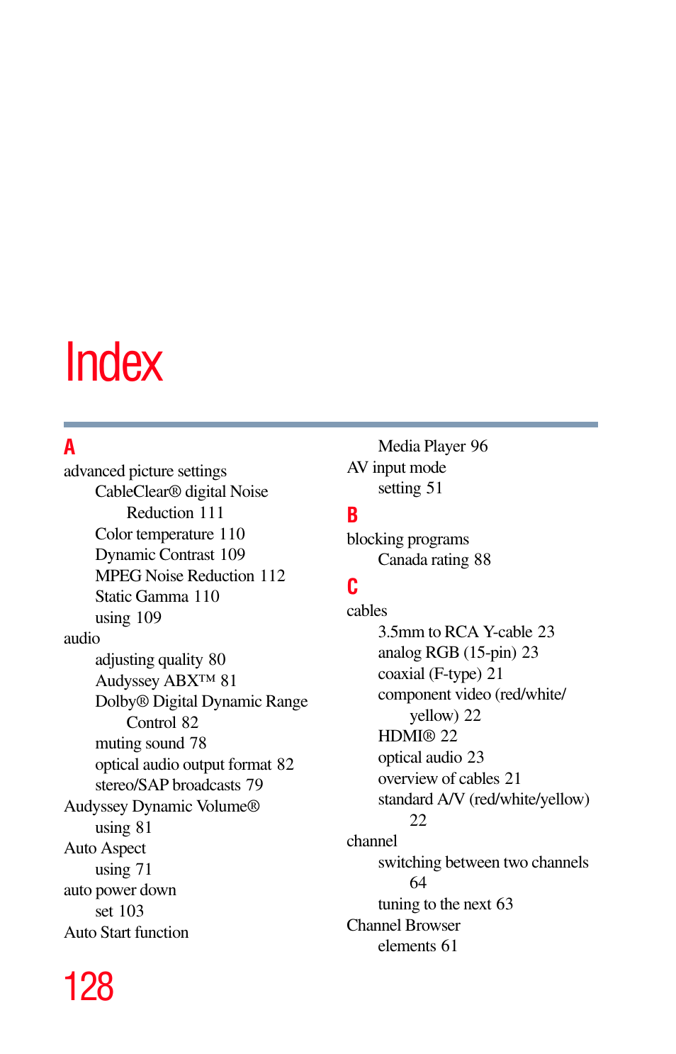 Index | Toshiba Integrated High Definition LED Television 50L2200U User Manual | Page 128 / 131