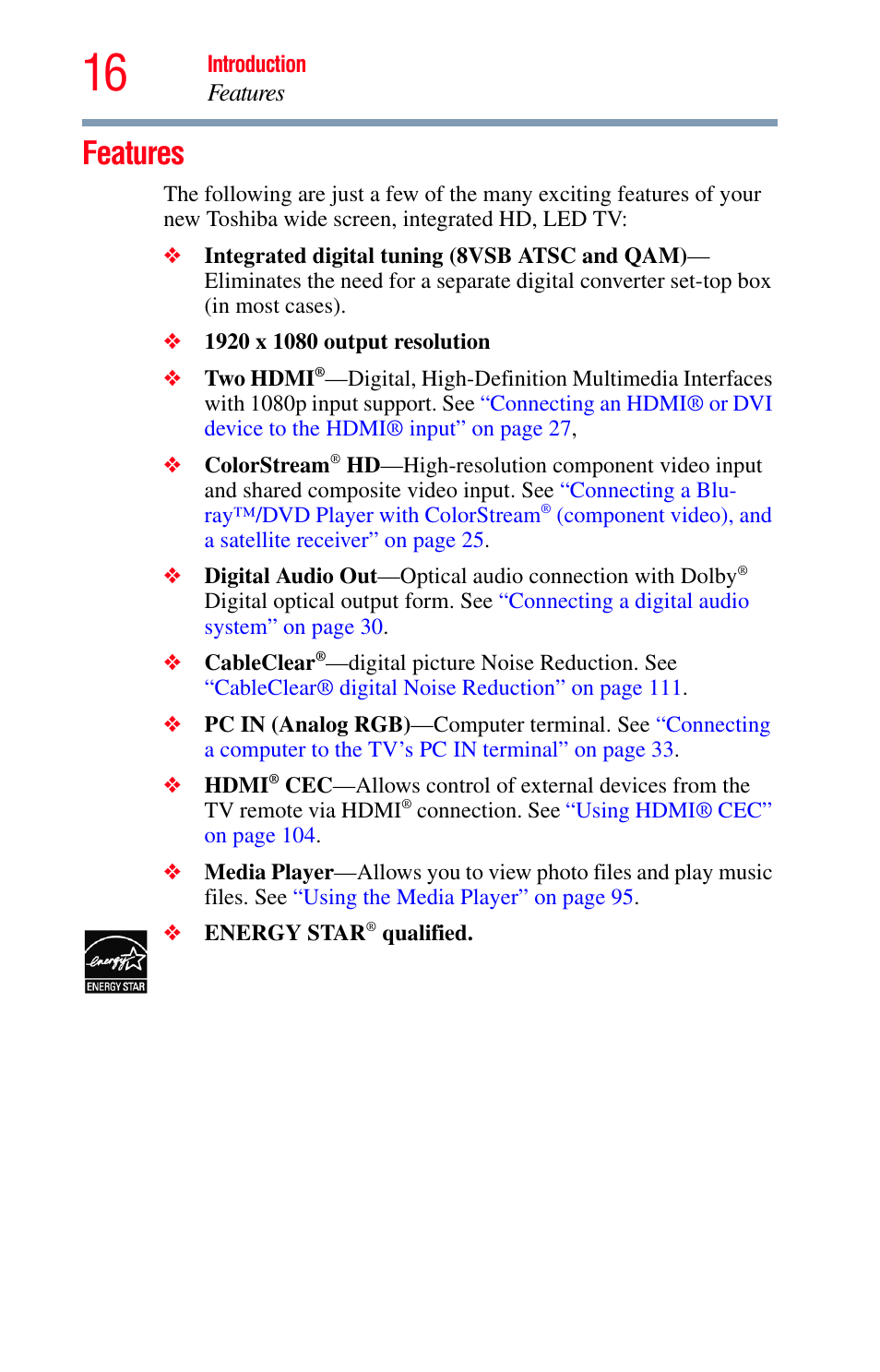 Features | Toshiba Integrated High Definition LED Television 50L2200U User Manual | Page 16 / 131