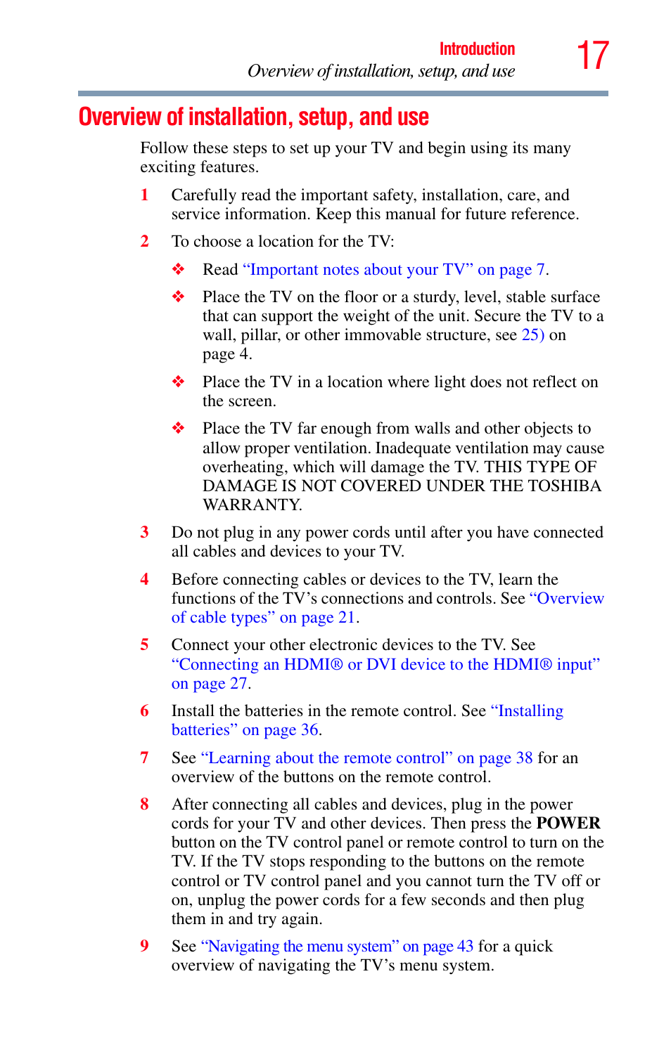 Overview of installation, setup, and use | Toshiba Integrated High Definition LED Television 50L2200U User Manual | Page 17 / 131