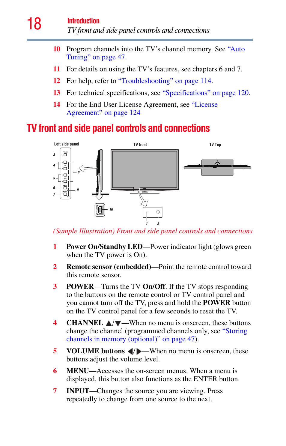 Tv front and side panel controls and connections | Toshiba Integrated High Definition LED Television 50L2200U User Manual | Page 18 / 131