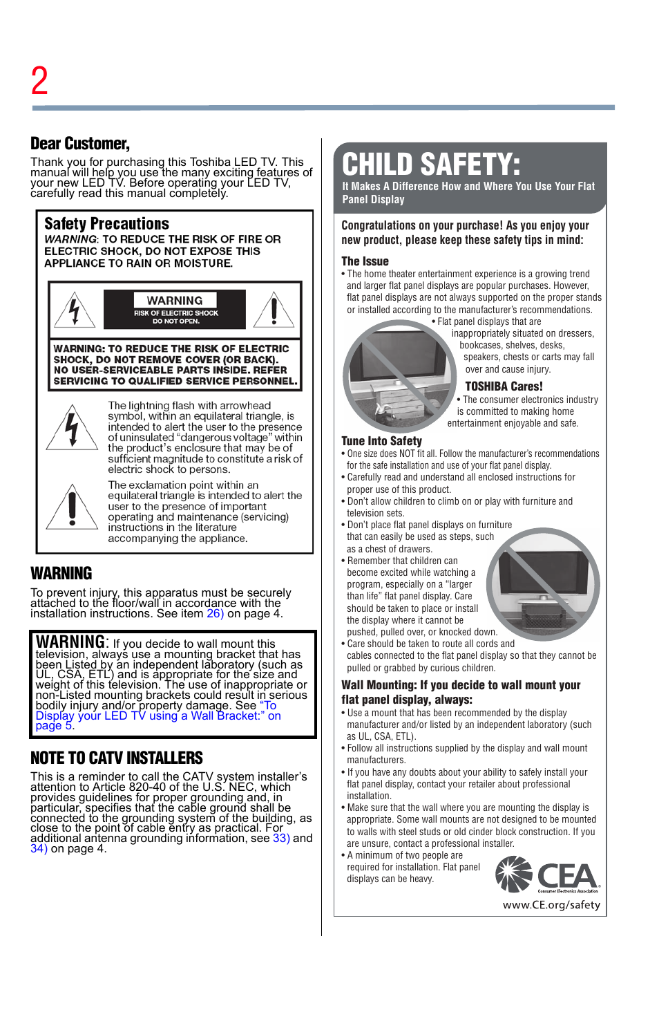 Child safety, Dear customer, Warning | Toshiba Integrated High Definition LED Television 50L2200U User Manual | Page 2 / 131