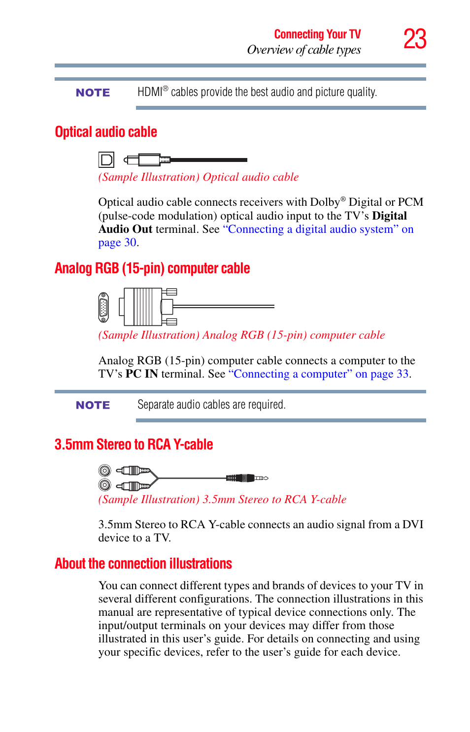 Optical audio cable, Analog rgb (15-pin) computer cable, 5mm stereo to rca y-cable | About the connection illustrations | Toshiba Integrated High Definition LED Television 50L2200U User Manual | Page 23 / 131