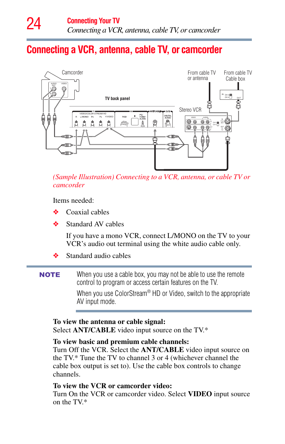 Connecting a vcr, antenna, cable tv, or camcorder, Connecting a vcr, antenna, cable tv, Or camcorder | Connecting your tv | Toshiba Integrated High Definition LED Television 50L2200U User Manual | Page 24 / 131