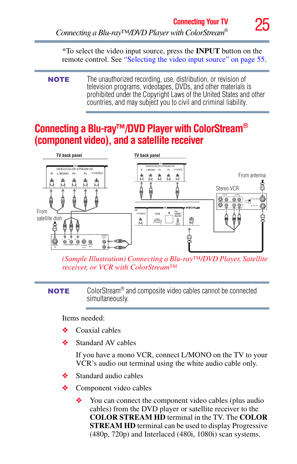 Connecting a blu-ray™/dvd player with colorstream, Connecting a blu, Ray™/dvd player with colorstream | Component video), and, Component video), and a satellite receiver, Connecting your tv | Toshiba Integrated High Definition LED Television 50L2200U User Manual | Page 25 / 131