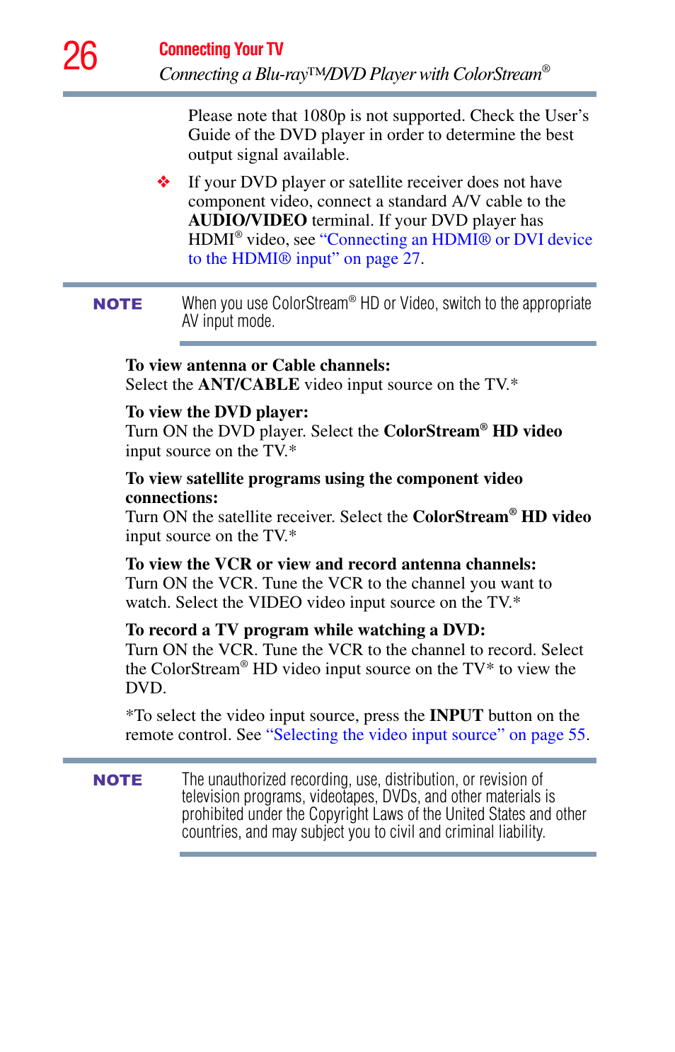 Connecting a blu-ray™/dvd player with colorstream | Toshiba Integrated High Definition LED Television 50L2200U User Manual | Page 26 / 131