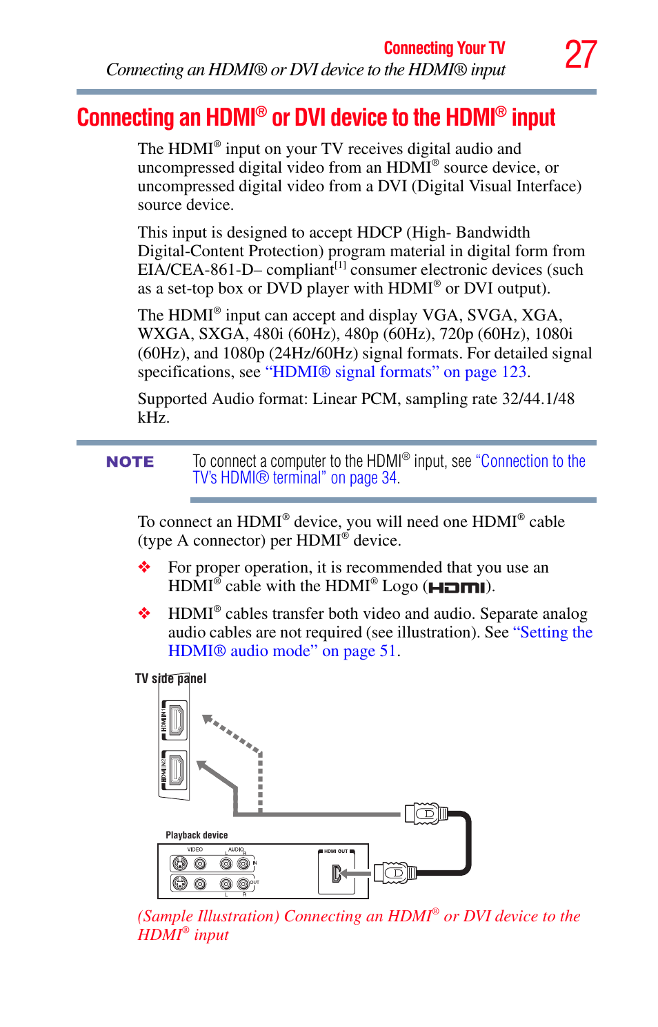 Connecting an hdmi® or dvi device, To the hdmi® input, Pport. see | Connecting an hdmi® or dvi, Connecting an hdmi, Or dvi device to the hdmi, Input | Toshiba Integrated High Definition LED Television 50L2200U User Manual | Page 27 / 131