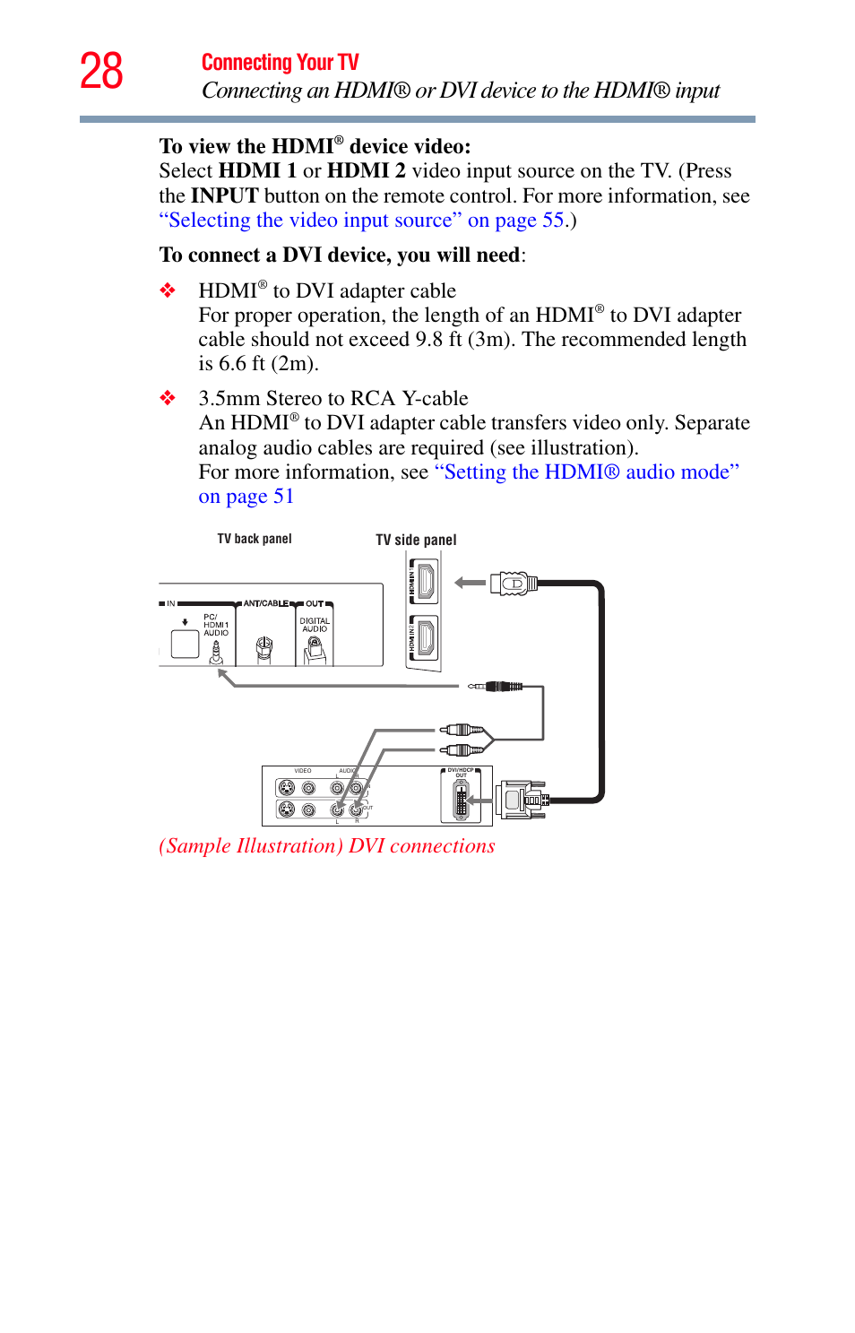 Connecting your tv, Sample illustration) dvi connections | Toshiba Integrated High Definition LED Television 50L2200U User Manual | Page 28 / 131