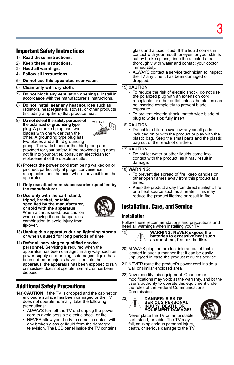 Important safety instructions, Additional safety precautions, Installation, care, and service | Toshiba Integrated High Definition LED Television 50L2200U User Manual | Page 3 / 131