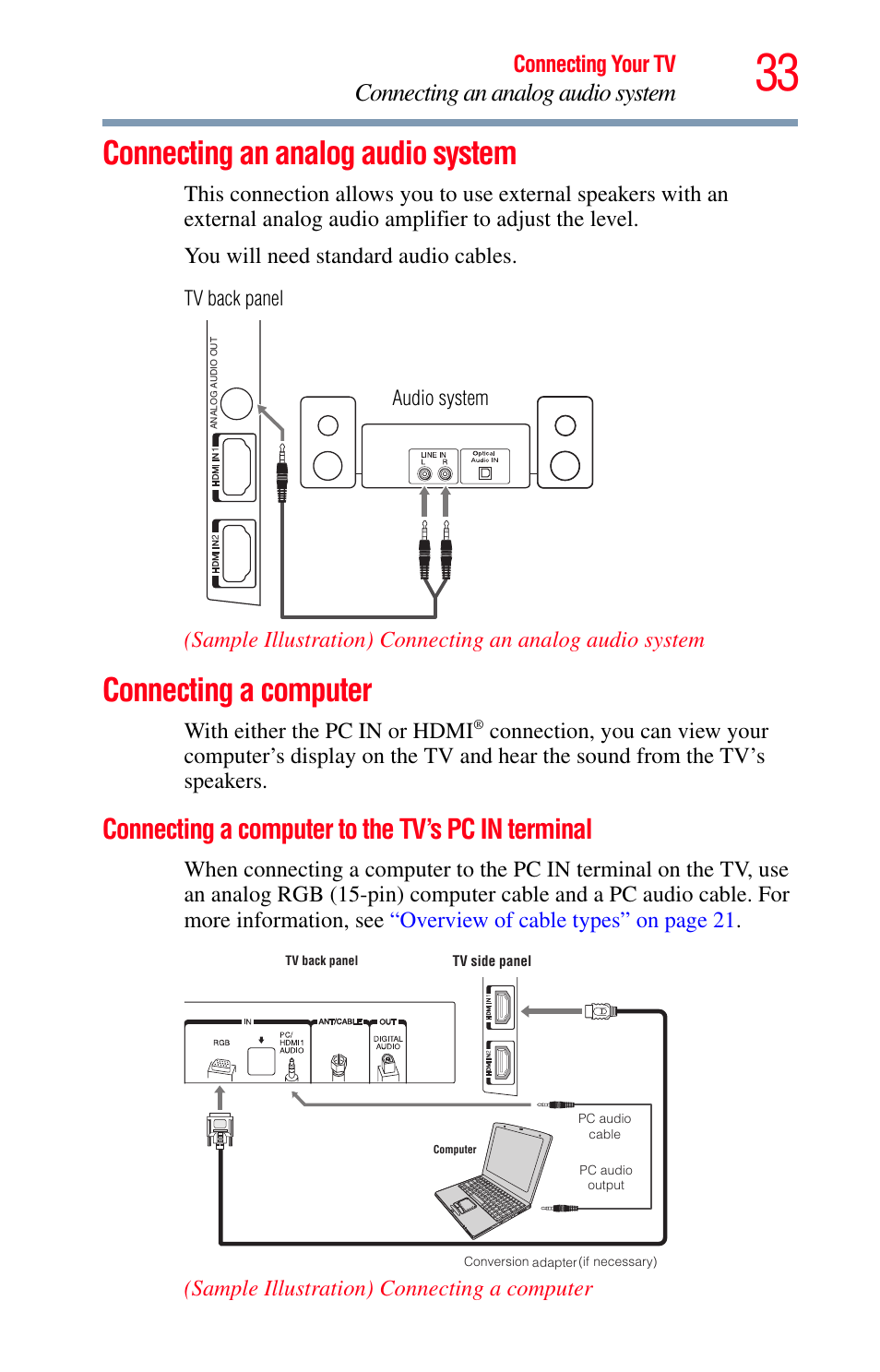 Connecting an analog audio system, Connecting a computer, Connecting a computer to the tv’s pc in terminal | Connecting a computer to, The tv’s pc in terminal, Connecting, Connecting your tv, With either the pc in or hdmi, Sample illustration) connecting a computer | Toshiba Integrated High Definition LED Television 50L2200U User Manual | Page 33 / 131