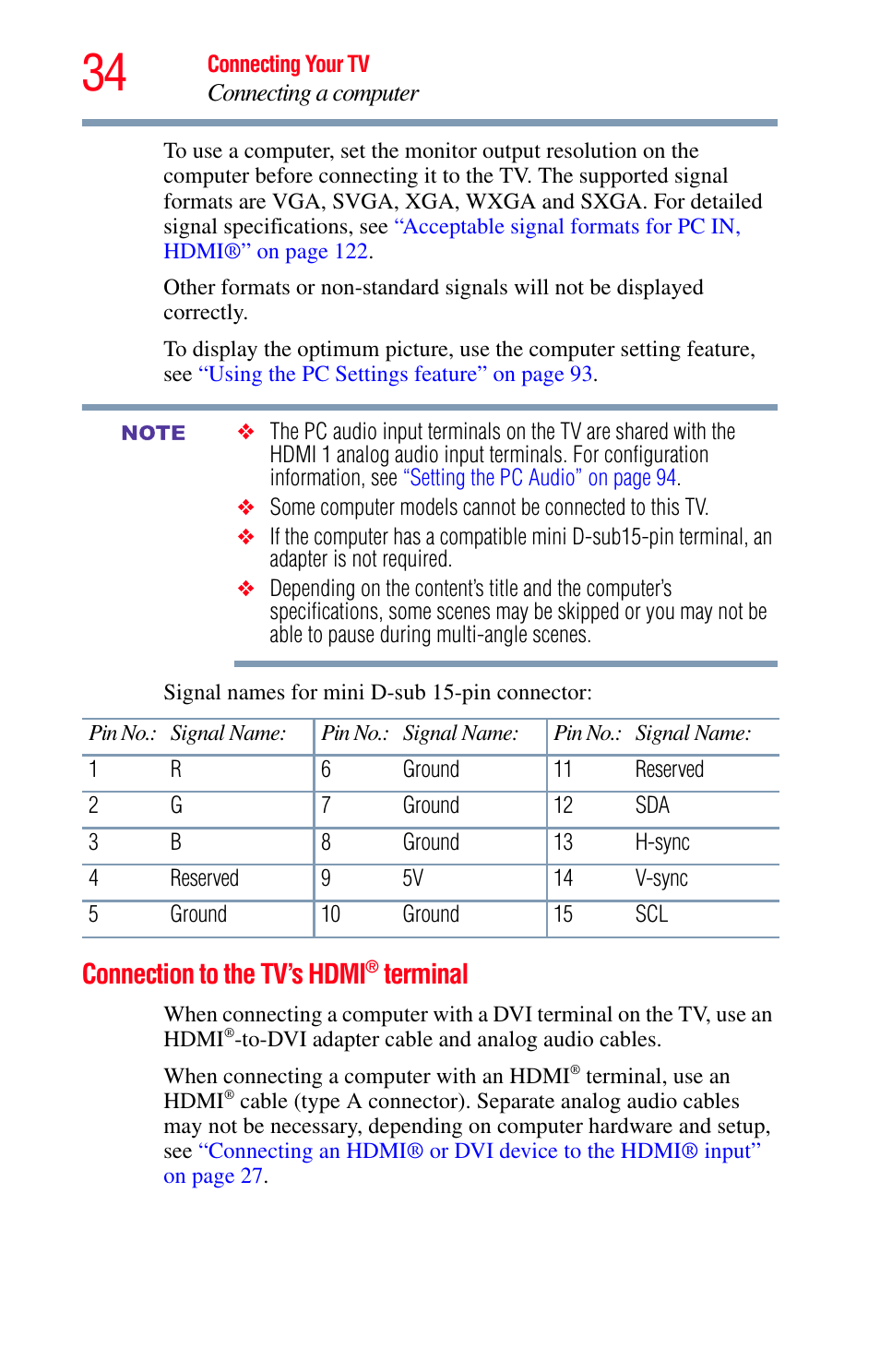 Connection to the tv’s hdmi® terminal, Input, see, Connection to the | Connection to the tv’s hdmi, Terminal | Toshiba Integrated High Definition LED Television 50L2200U User Manual | Page 34 / 131