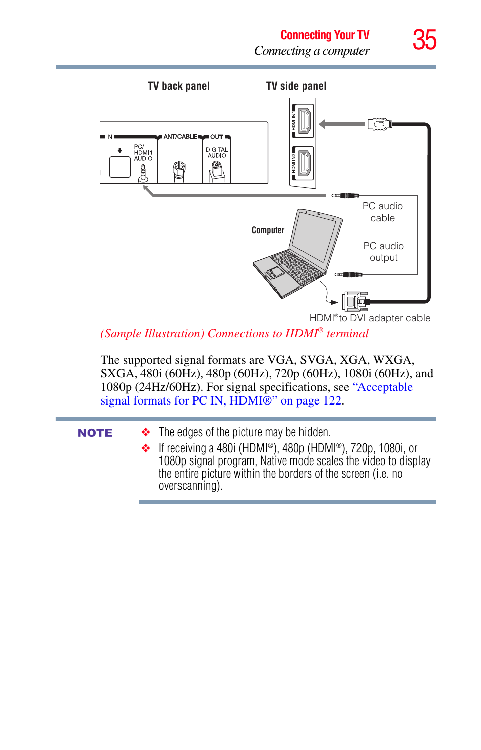 Connecting a computer | Toshiba Integrated High Definition LED Television 50L2200U User Manual | Page 35 / 131