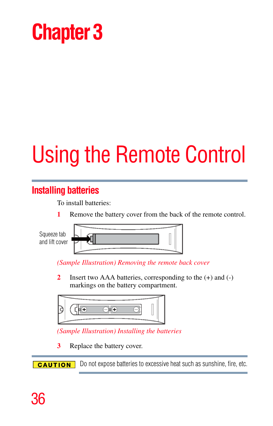 Using the remote control, Installing batteries, Chapter 3: using the remote control | Installing, Chapter 3 | Toshiba Integrated High Definition LED Television 50L2200U User Manual | Page 36 / 131