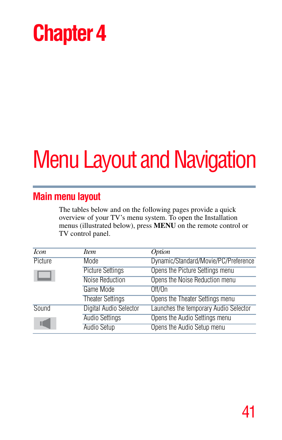 Menu layout and navigation, Main menu layout, Chapter 4: menu layout and navigation | Chapter 4 | Toshiba Integrated High Definition LED Television 50L2200U User Manual | Page 41 / 131