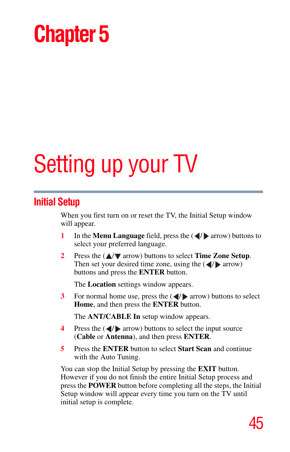 Setting up your tv, Initial setup, Chapter 5: setting up your tv | Chapter 5 | Toshiba Integrated High Definition LED Television 50L2200U User Manual | Page 45 / 131