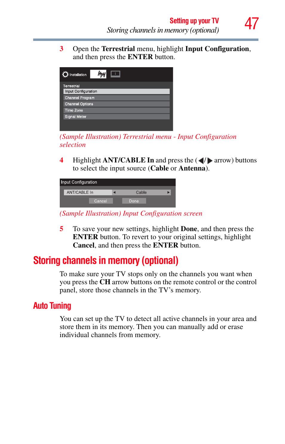 Storing channels in memory (optional), Auto tuning, Auto | Storing, Storing channels in memory | Toshiba Integrated High Definition LED Television 50L2200U User Manual | Page 47 / 131