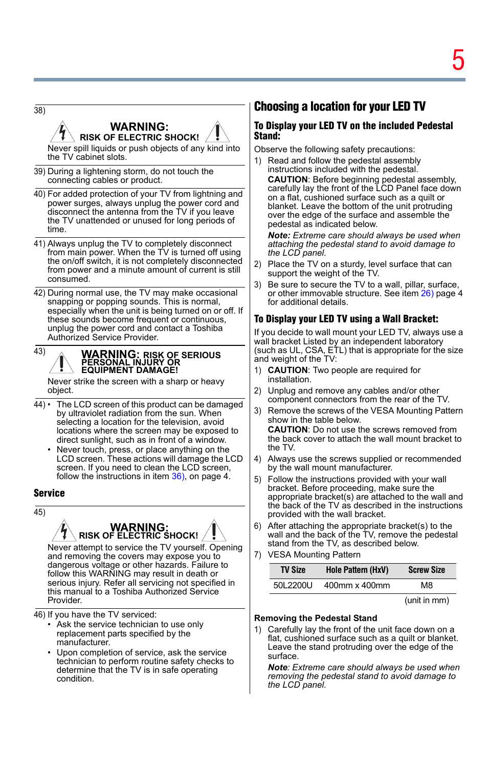 Display your led tv using a wall bracket:” on, Choosing a location for your led tv, Warning | Toshiba Integrated High Definition LED Television 50L2200U User Manual | Page 5 / 131