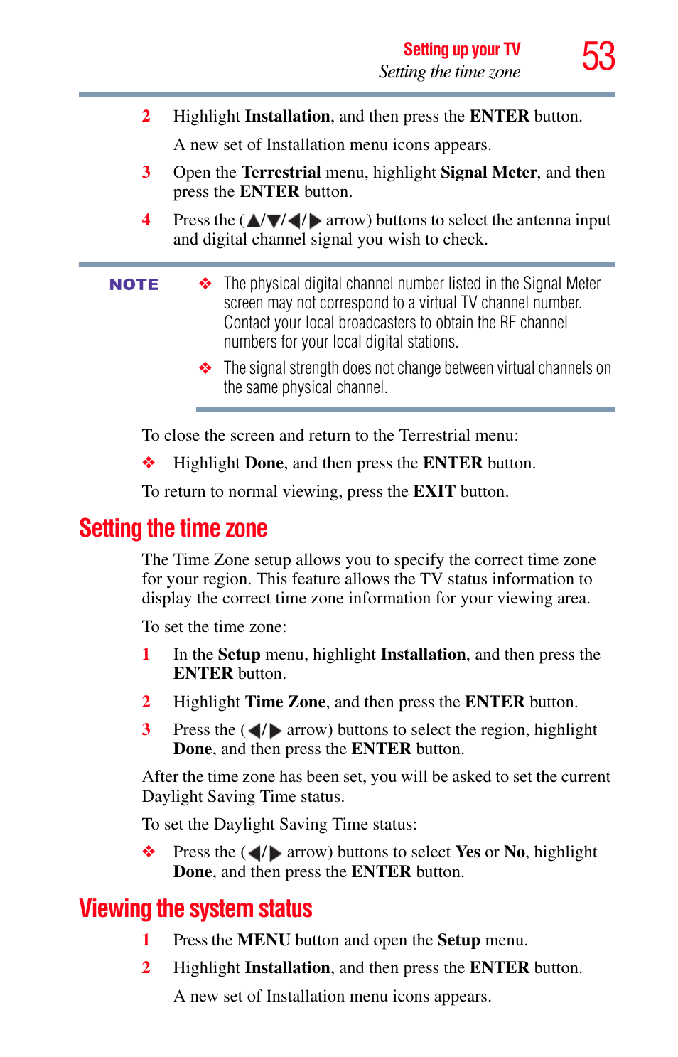 Setting the time zone, Viewing the system status, Setting the time zone viewing the system status | Toshiba Integrated High Definition LED Television 50L2200U User Manual | Page 53 / 131