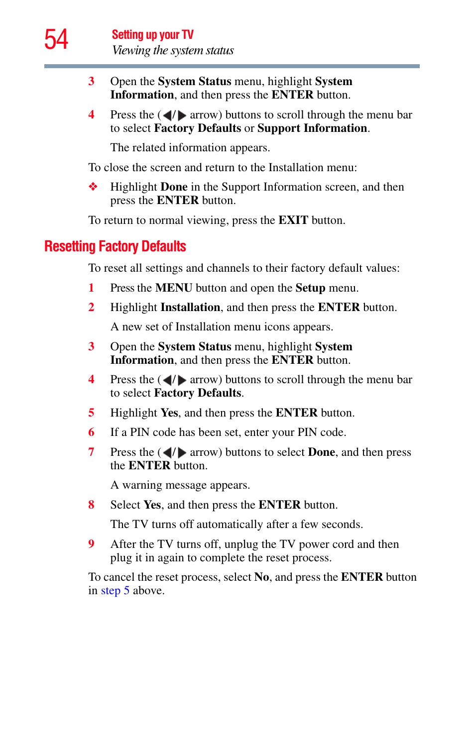 Resetting factory defaults | Toshiba Integrated High Definition LED Television 50L2200U User Manual | Page 54 / 131