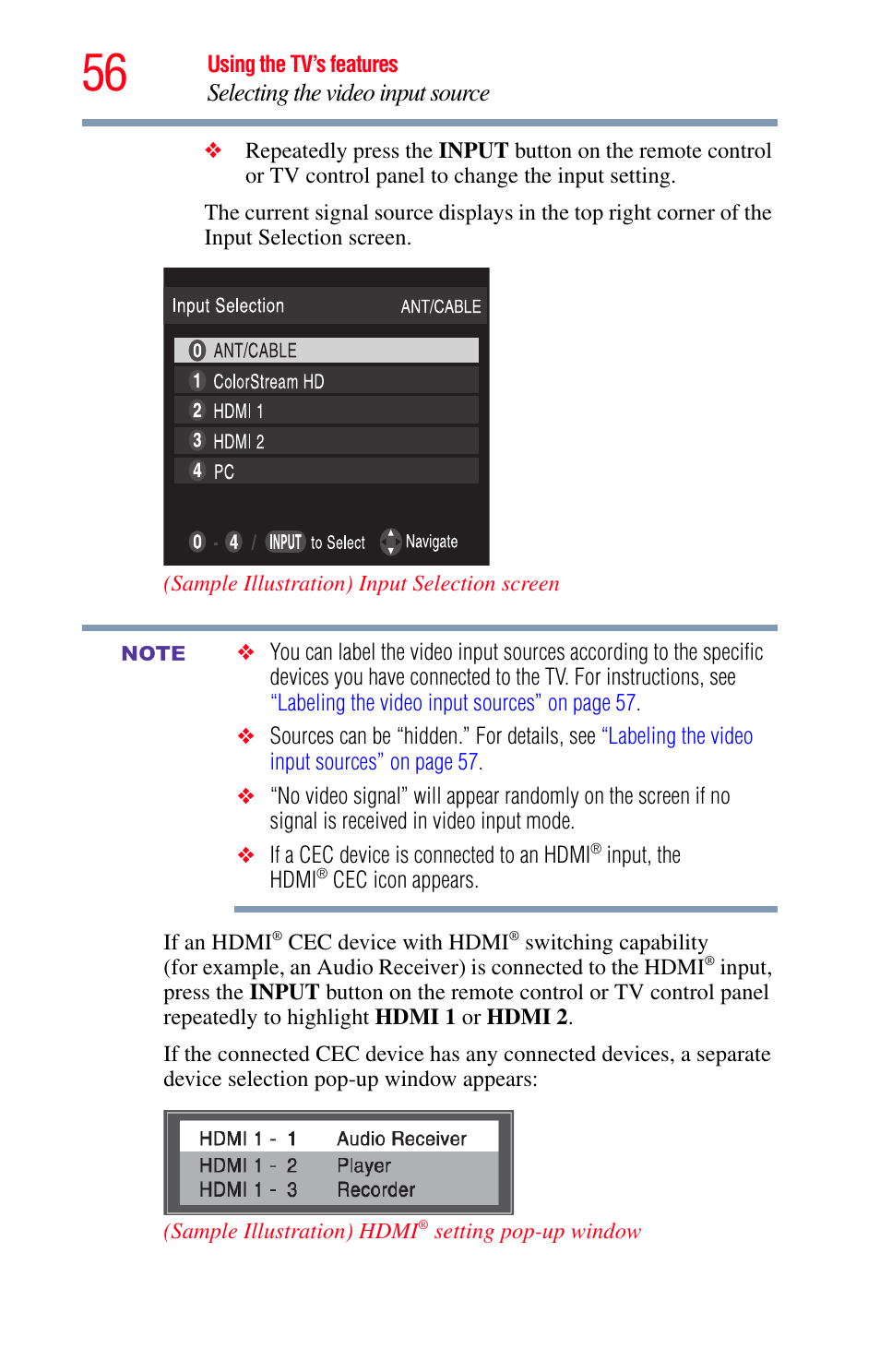 Selecting the video input source | Toshiba Integrated High Definition LED Television 50L2200U User Manual | Page 56 / 131