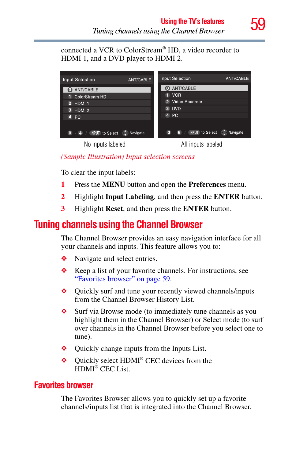 Tuning channels using the channel browser, Favorites browser, Tuning | Tuning channels using the | Toshiba Integrated High Definition LED Television 50L2200U User Manual | Page 59 / 131