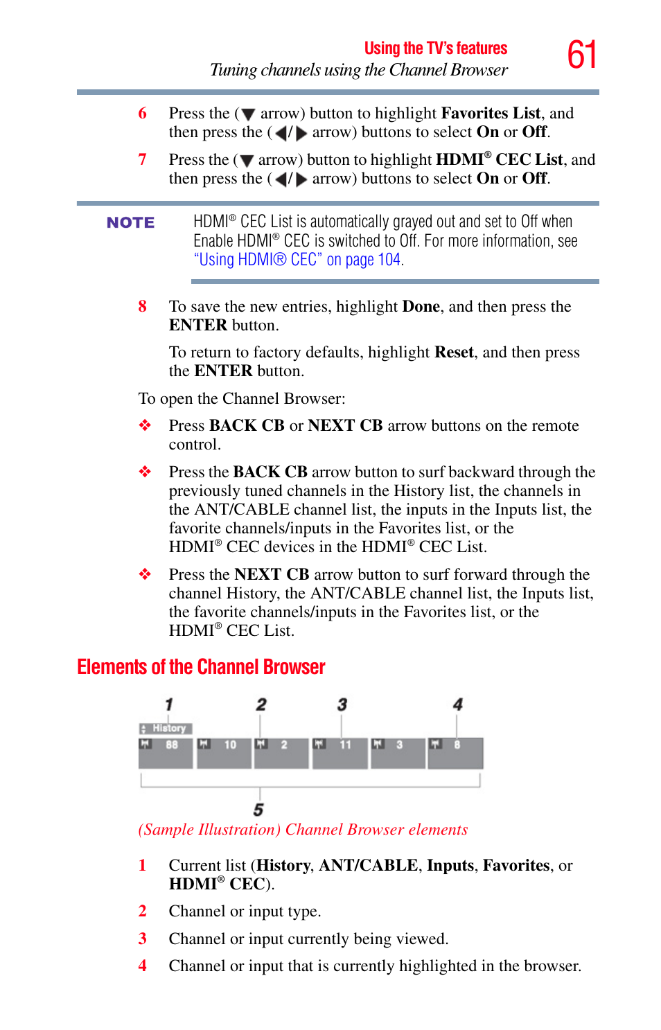 Elements of the channel browser, Tuning channels using the channel browser | Toshiba Integrated High Definition LED Television 50L2200U User Manual | Page 61 / 131