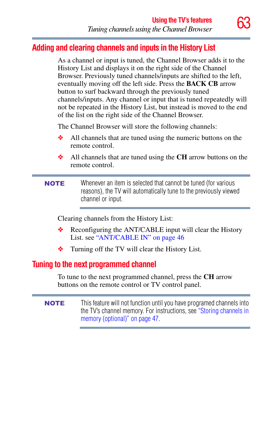 Tuning to the next programmed channel, Adding and clearing channels and inputs, In the history list | Toshiba Integrated High Definition LED Television 50L2200U User Manual | Page 63 / 131