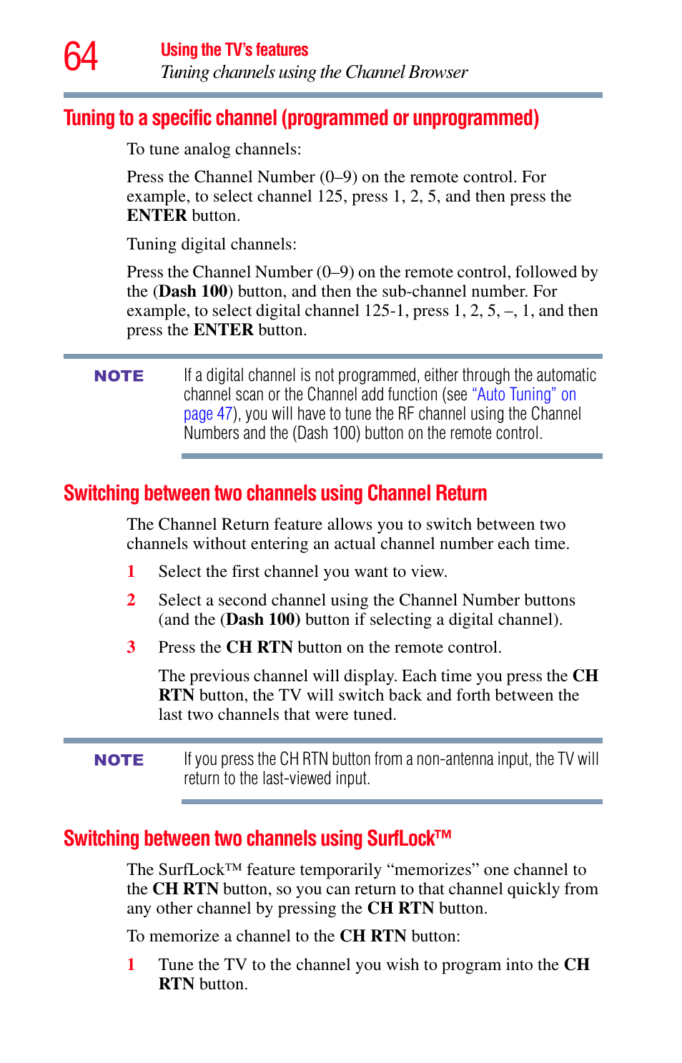 Switching between two channels using surflock, Tuning to a specific channel (programmed, Or unprogrammed) | Switching between two channels, Using channel return, Switching between two channels using, Surflock, Switching between two channels using channel | Toshiba Integrated High Definition LED Television 50L2200U User Manual | Page 64 / 131