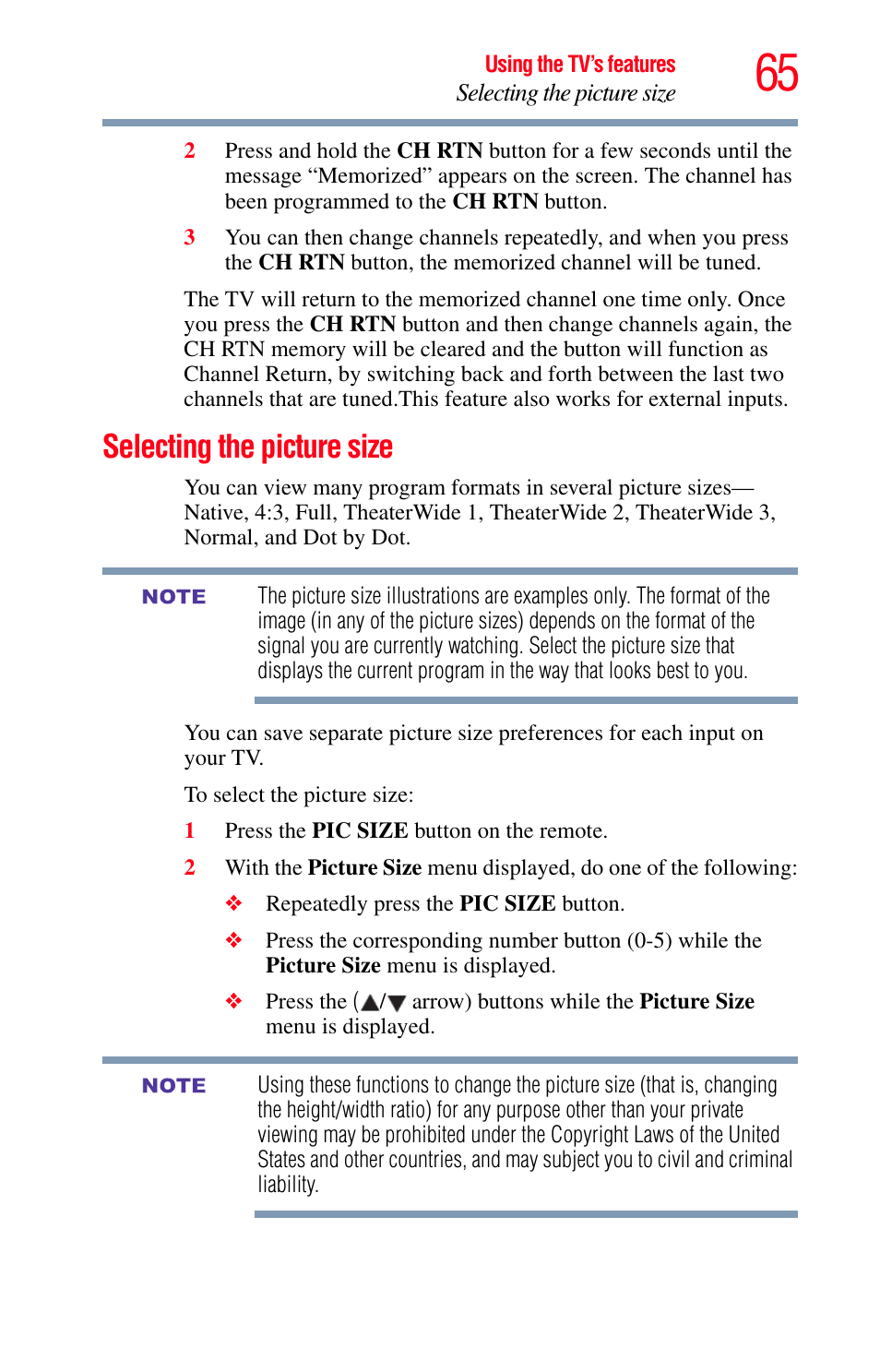 Selecting the picture size | Toshiba Integrated High Definition LED Television 50L2200U User Manual | Page 65 / 131