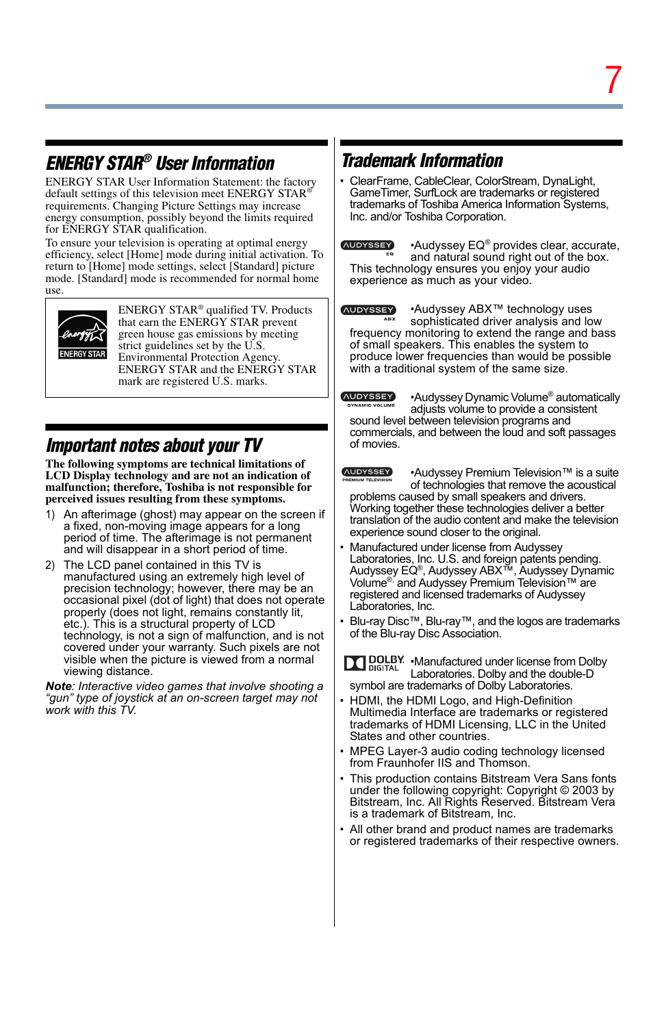 Energy star, User information, Trademark information | Toshiba Integrated High Definition LED Television 50L2200U User Manual | Page 7 / 131