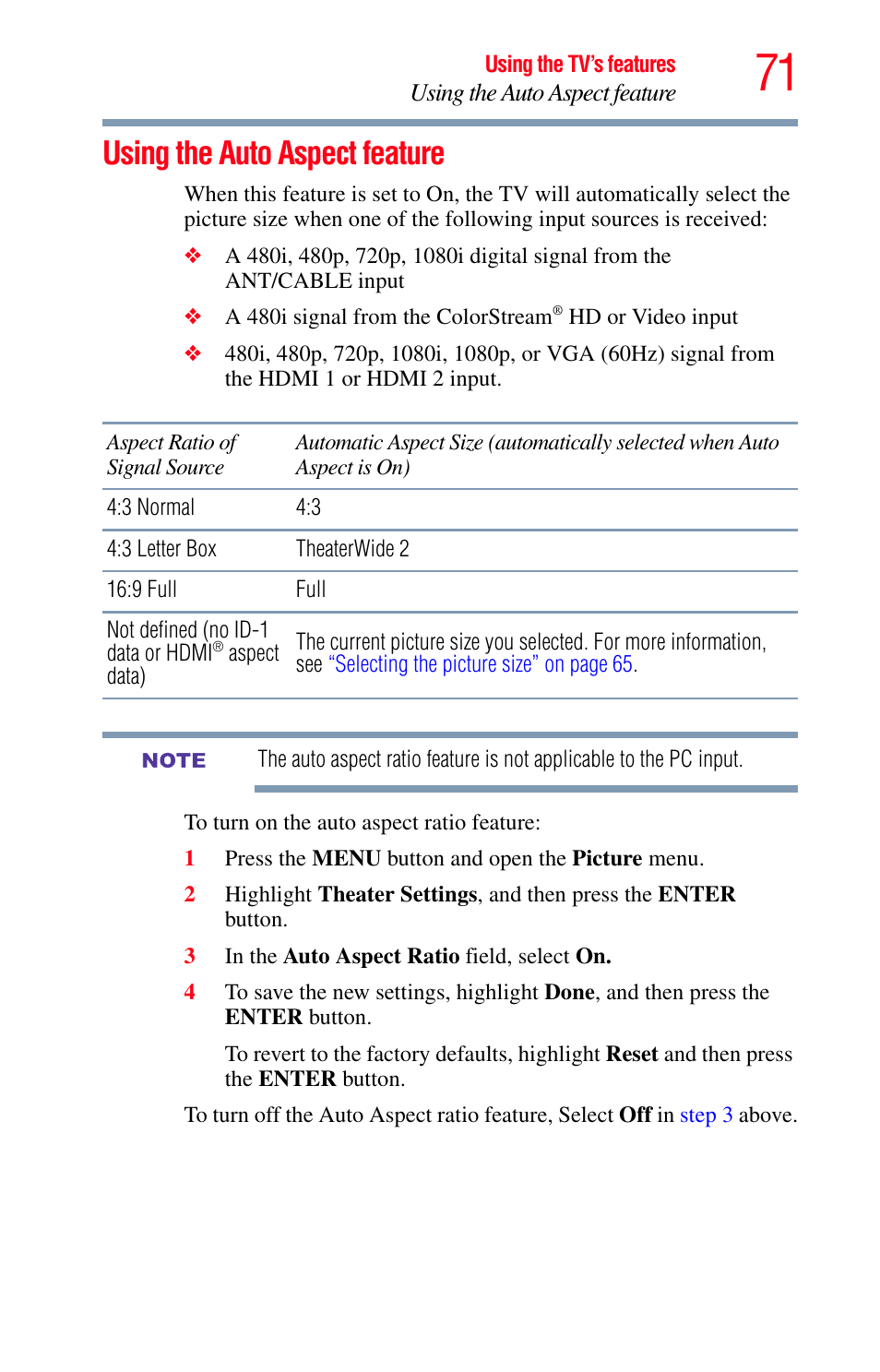 Using the auto aspect feature | Toshiba Integrated High Definition LED Television 50L2200U User Manual | Page 71 / 131
