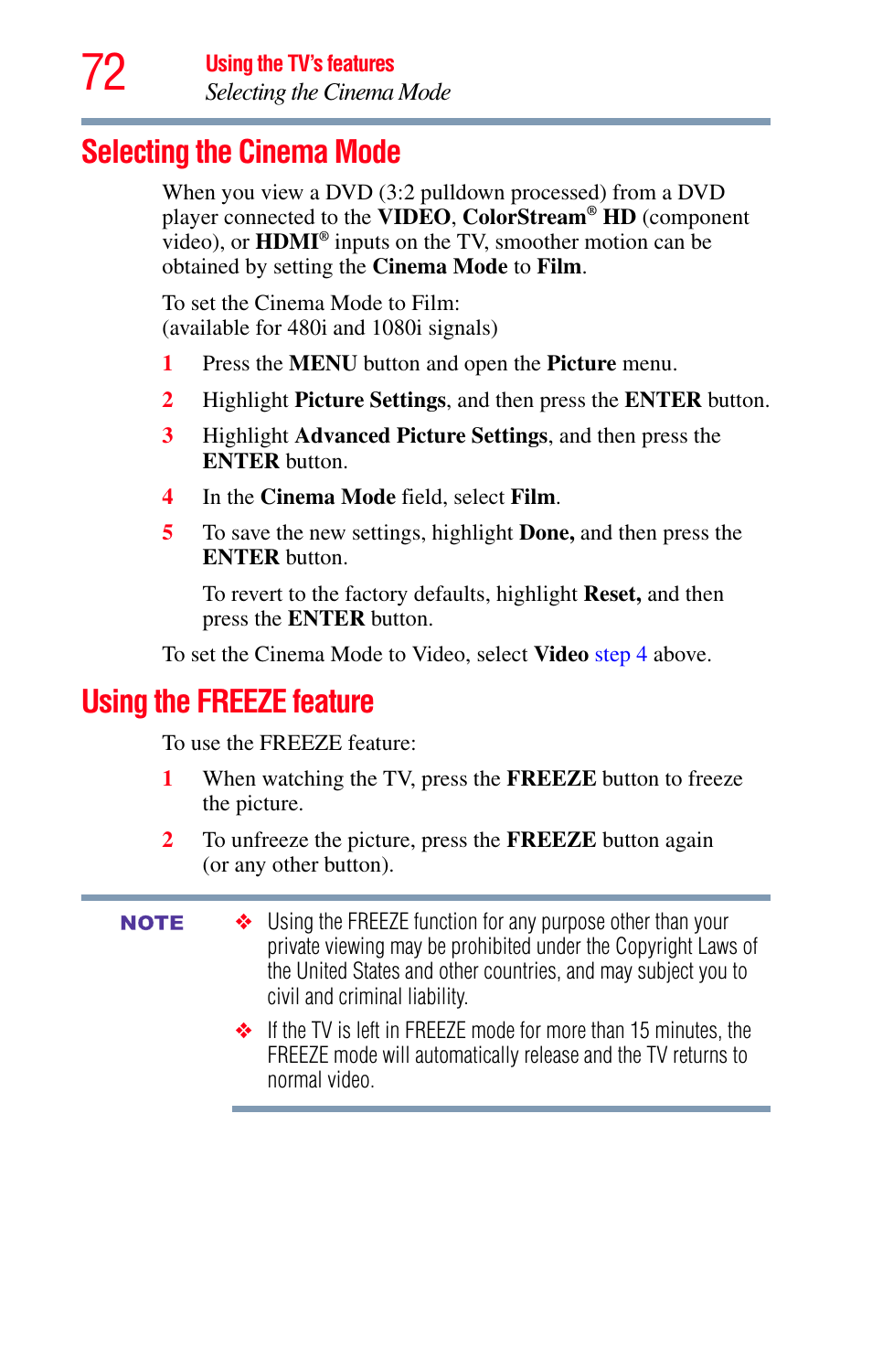 Selecting the cinema mode, Using the freeze feature, Selecting the cinema mode using the freeze feature | Using the freeze feature” on | Toshiba Integrated High Definition LED Television 50L2200U User Manual | Page 72 / 131