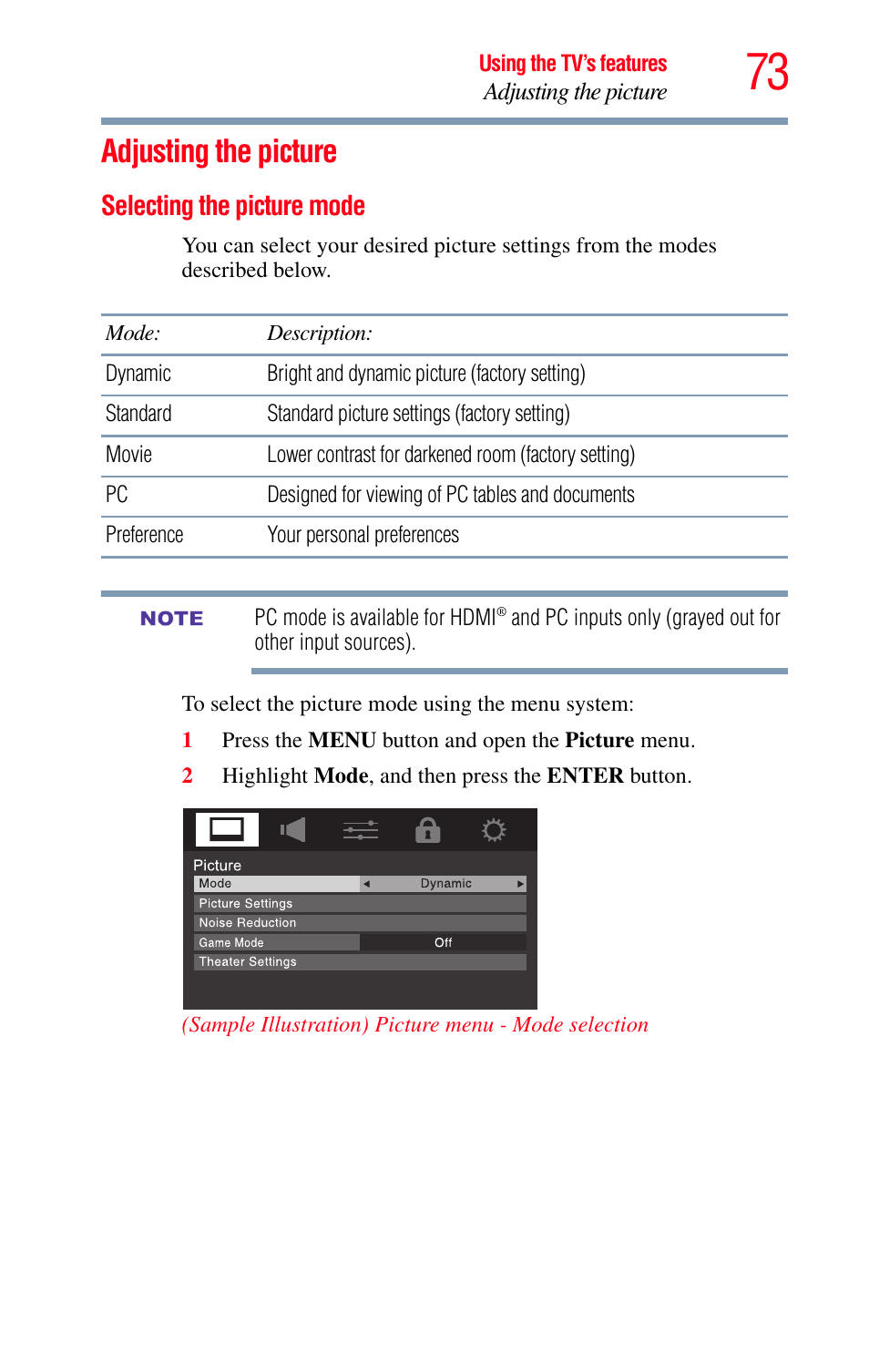 Adjusting the picture, Selecting the picture mode | Toshiba Integrated High Definition LED Television 50L2200U User Manual | Page 73 / 131