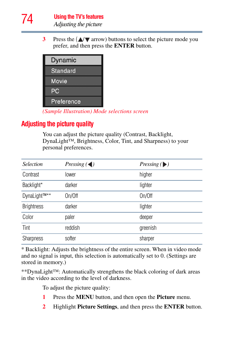 Adjusting the picture quality | Toshiba Integrated High Definition LED Television 50L2200U User Manual | Page 74 / 131