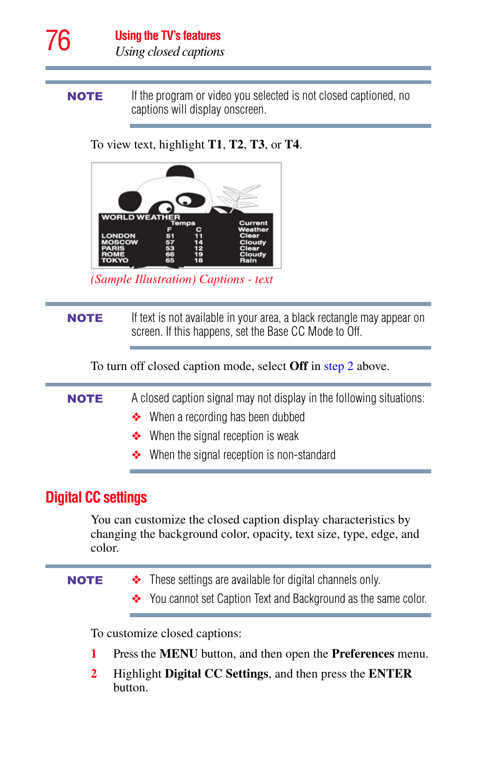 Digital cc settings | Toshiba Integrated High Definition LED Television 50L2200U User Manual | Page 76 / 131