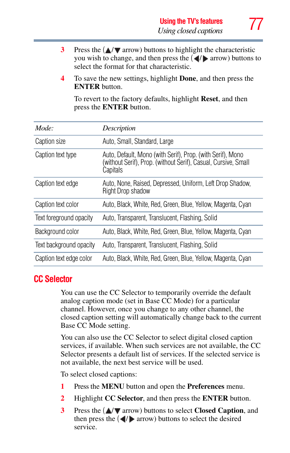Cc selector | Toshiba Integrated High Definition LED Television 50L2200U User Manual | Page 77 / 131