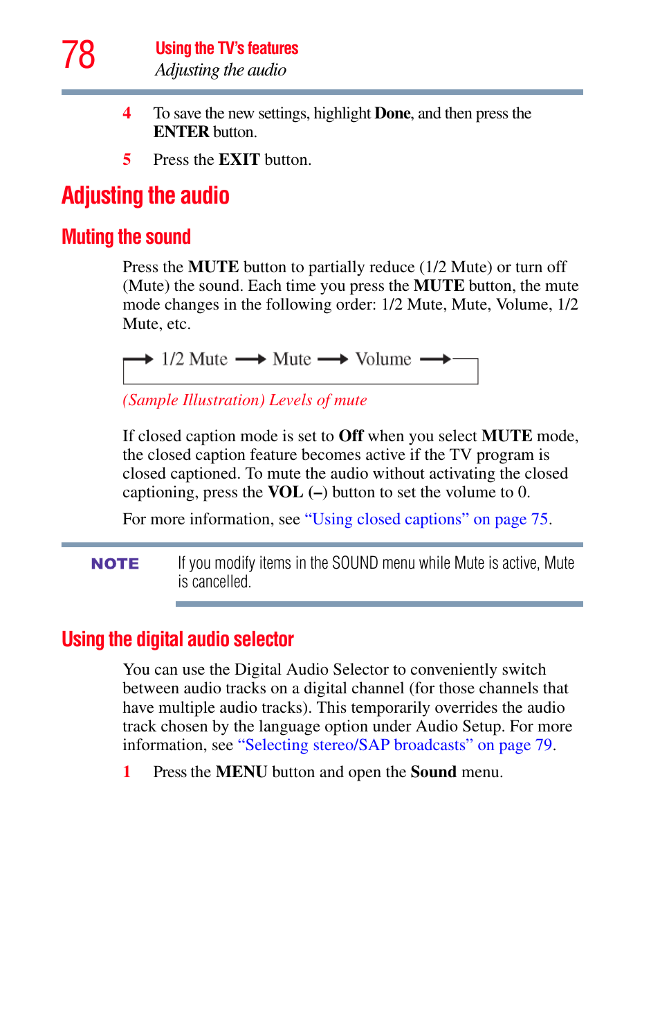 Adjusting the audio, Muting the sound, Using the digital audio selector | Muting the sound using the digital audio selector, Muting | Toshiba Integrated High Definition LED Television 50L2200U User Manual | Page 78 / 131