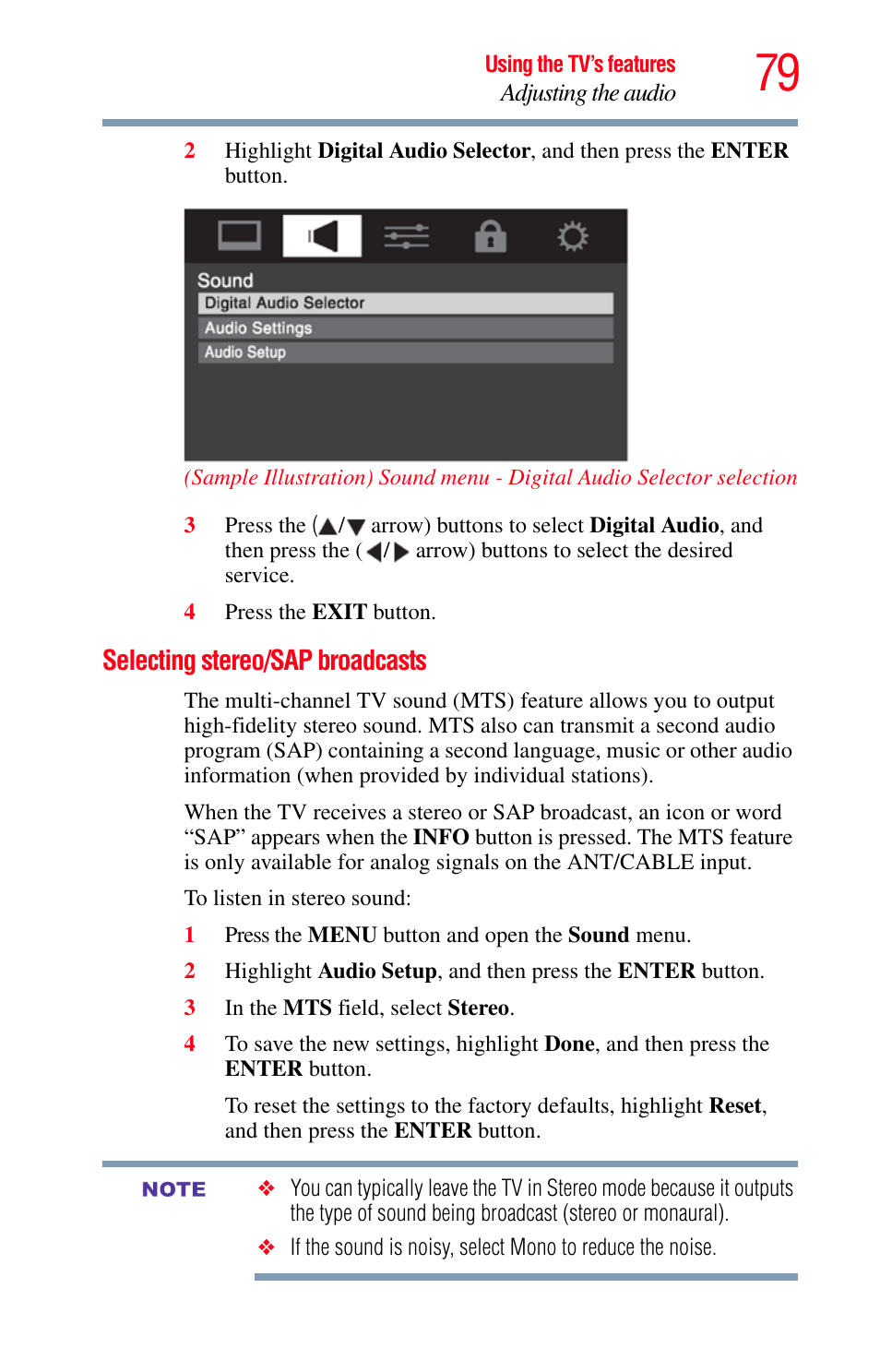 Selecting stereo/sap broadcasts | Toshiba Integrated High Definition LED Television 50L2200U User Manual | Page 79 / 131