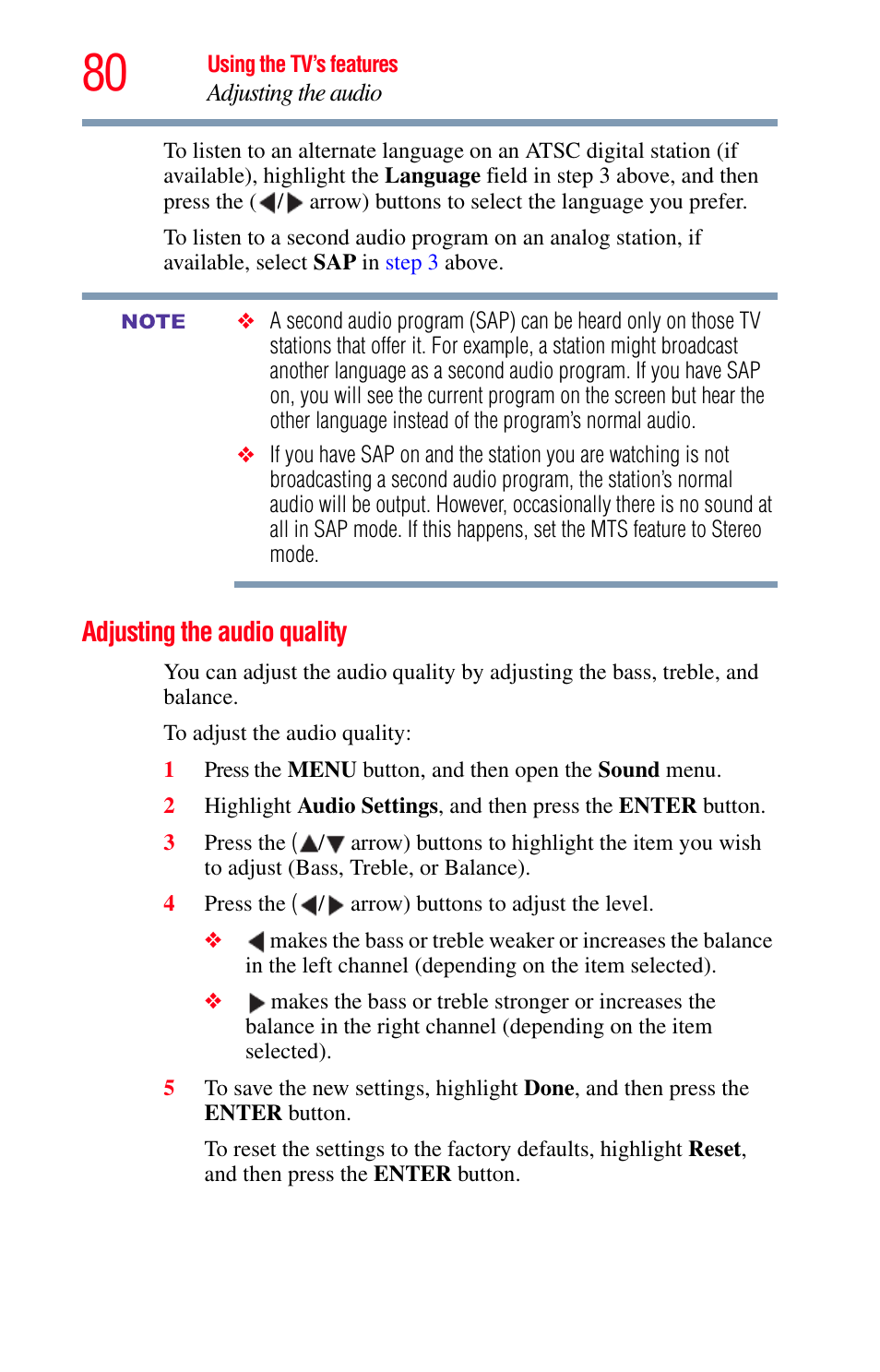 Adjusting the audio quality | Toshiba Integrated High Definition LED Television 50L2200U User Manual | Page 80 / 131