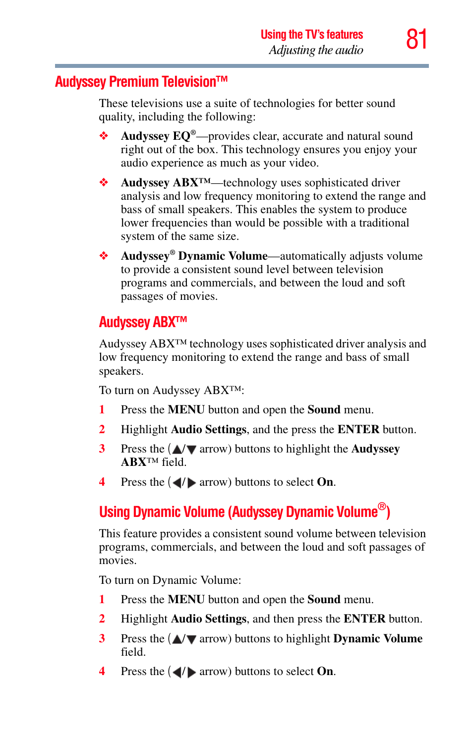 Audyssey premium television, Audyssey abx, Using dynamic volume (audyssey dynamic volume | Toshiba Integrated High Definition LED Television 50L2200U User Manual | Page 81 / 131