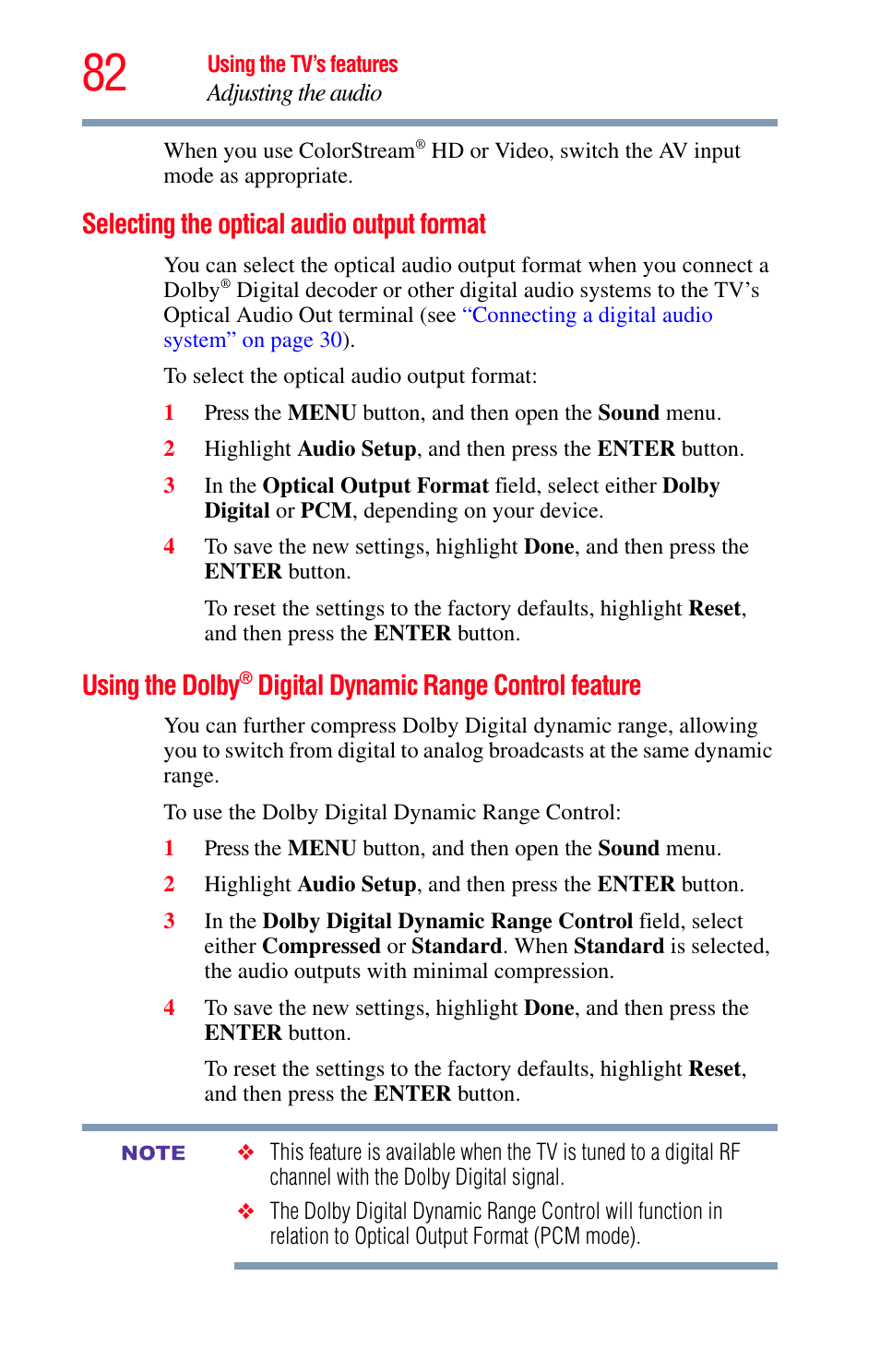 Selecting the optical audio output format, Range control feature, Using the dolby | Digital dynamic range control feature | Toshiba Integrated High Definition LED Television 50L2200U User Manual | Page 82 / 131