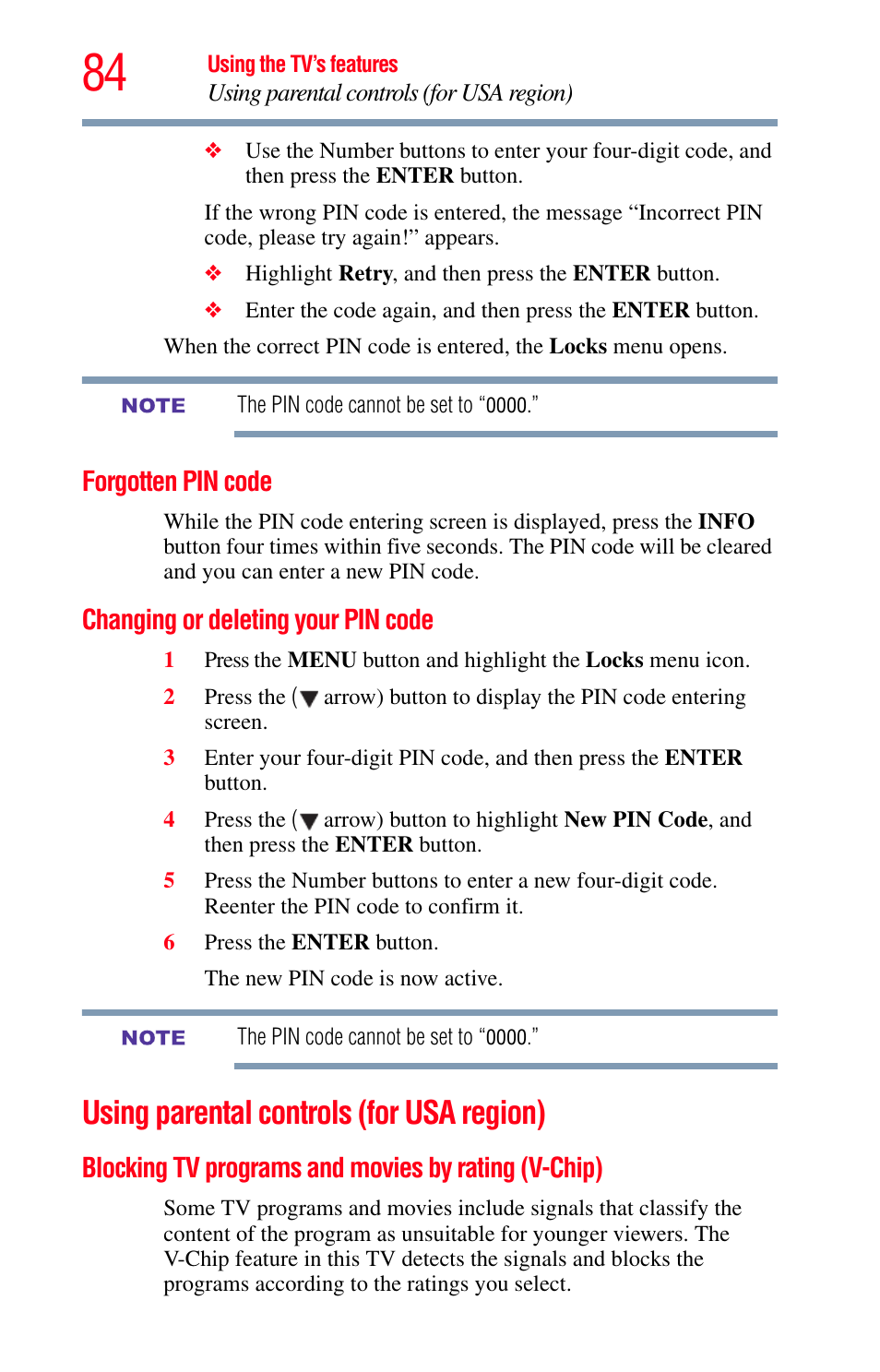 Forgotten pin code, Changing or deleting your pin code, Using parental controls (for usa region) | Blocking tv programs and movies by rating (v-chip), Blocking tv programs and movies, By rating (v-chip) | Toshiba Integrated High Definition LED Television 50L2200U User Manual | Page 84 / 131