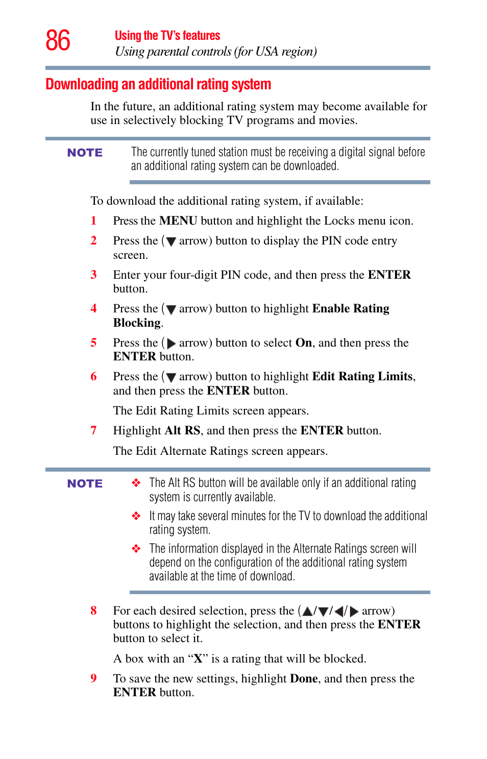 Downloading an additional rating system | Toshiba Integrated High Definition LED Television 50L2200U User Manual | Page 86 / 131