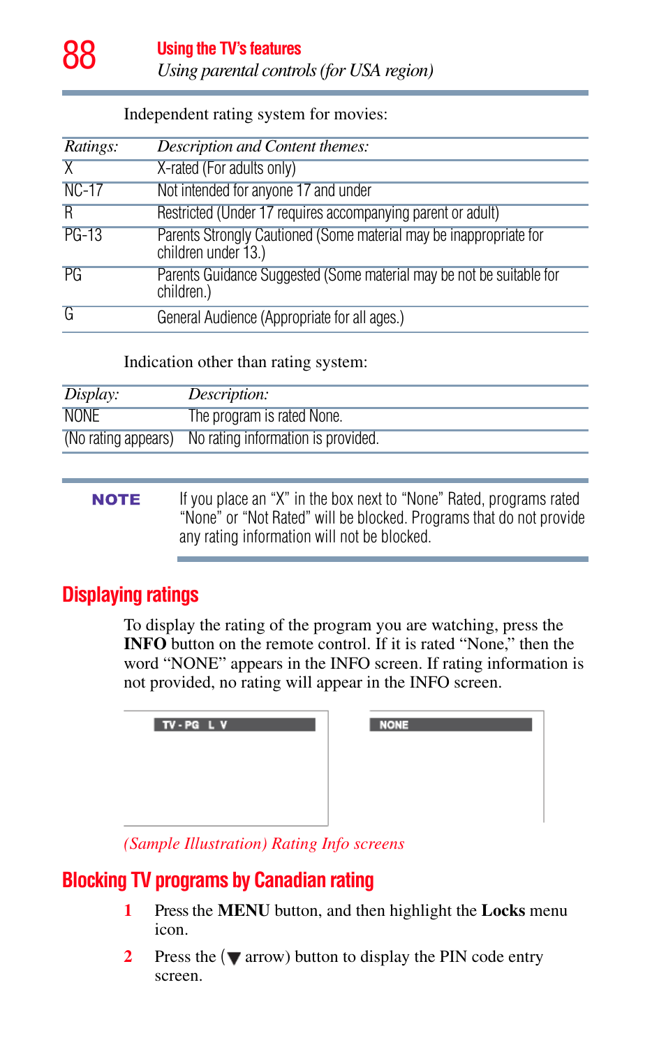 Displaying ratings, Blocking tv programs by canadian rating | Toshiba Integrated High Definition LED Television 50L2200U User Manual | Page 88 / 131