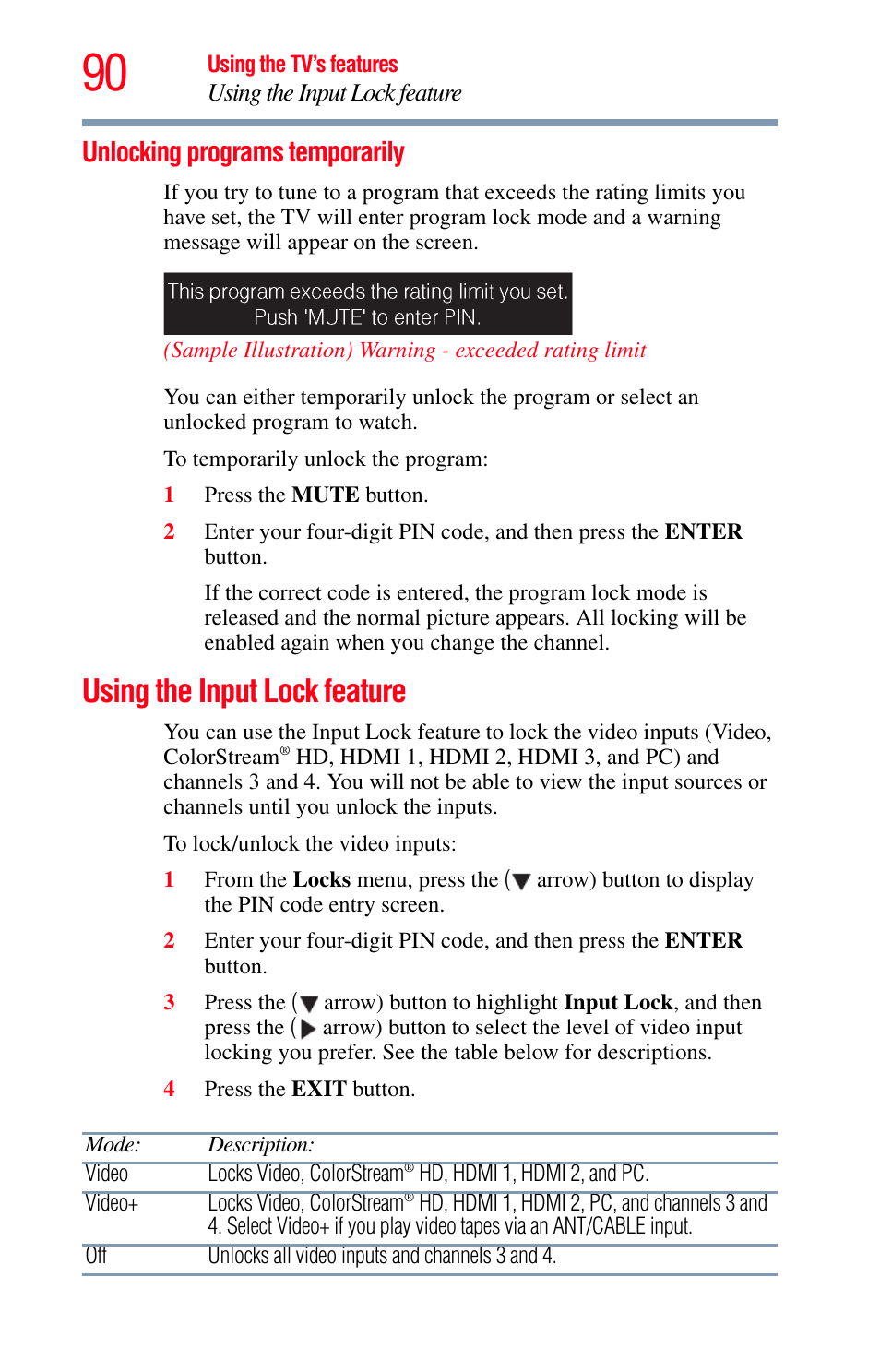 Unlocking programs temporarily, Using the input lock feature | Toshiba Integrated High Definition LED Television 50L2200U User Manual | Page 90 / 131