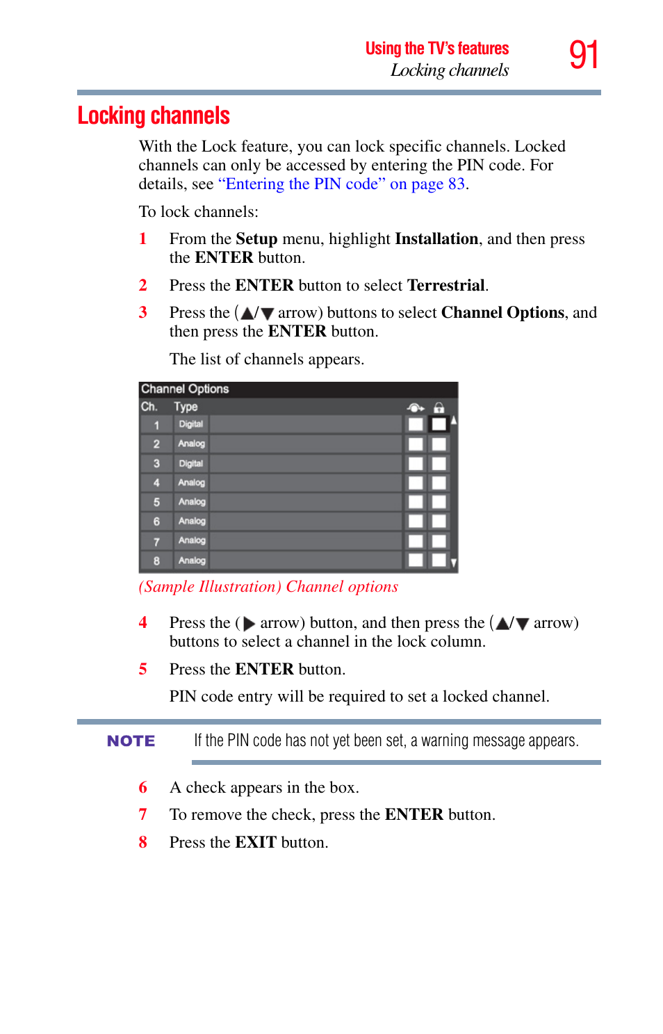 Locking channels | Toshiba Integrated High Definition LED Television 50L2200U User Manual | Page 91 / 131