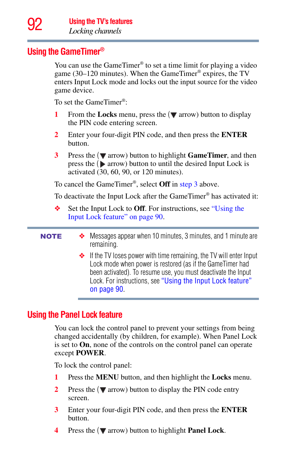 Using the gametimer, Using the panel lock feature | Toshiba Integrated High Definition LED Television 50L2200U User Manual | Page 92 / 131