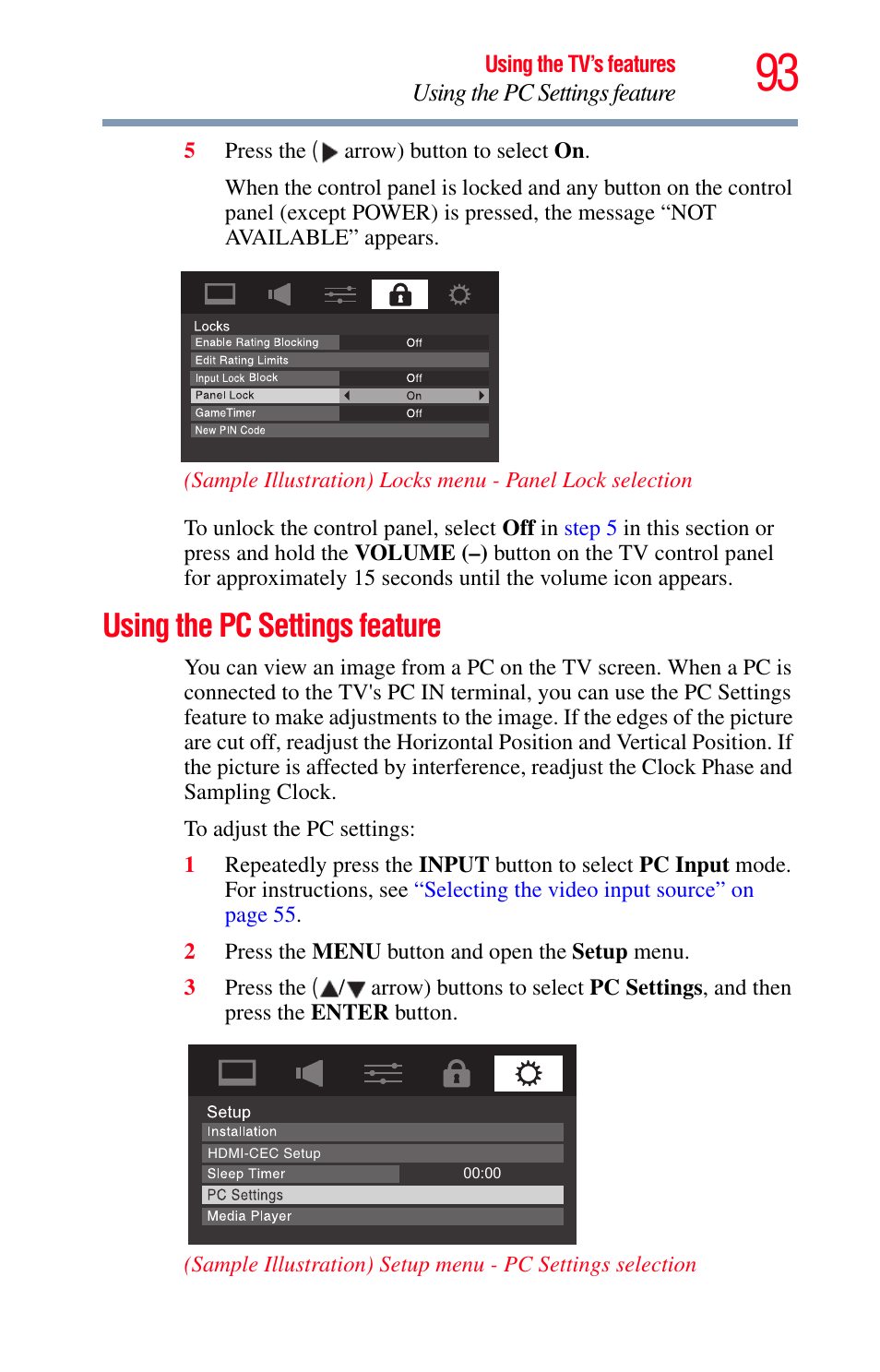 Using the pc settings feature | Toshiba Integrated High Definition LED Television 50L2200U User Manual | Page 93 / 131