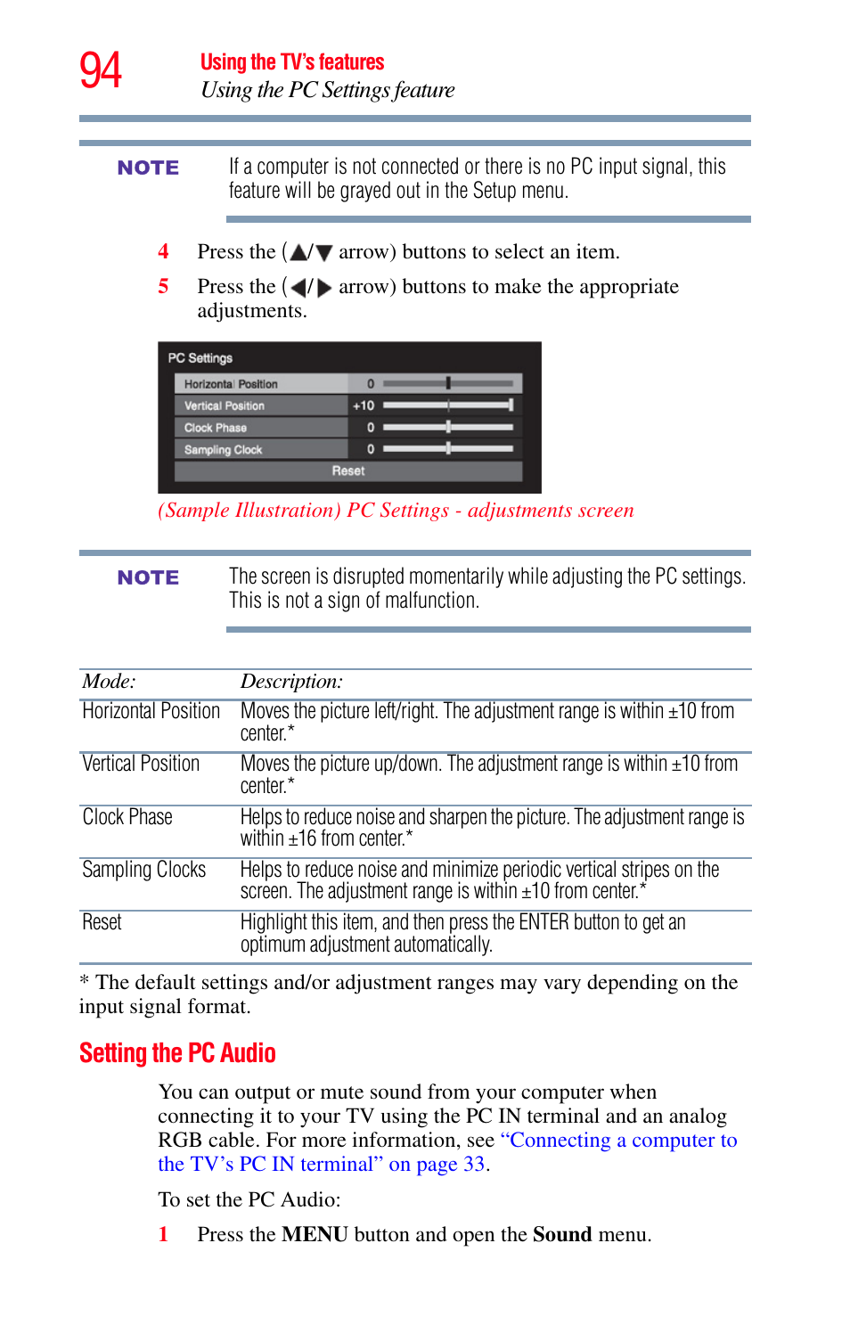 Setting the pc audio, Nu, see, Setting the pc | Information, see | Toshiba Integrated High Definition LED Television 50L2200U User Manual | Page 94 / 131