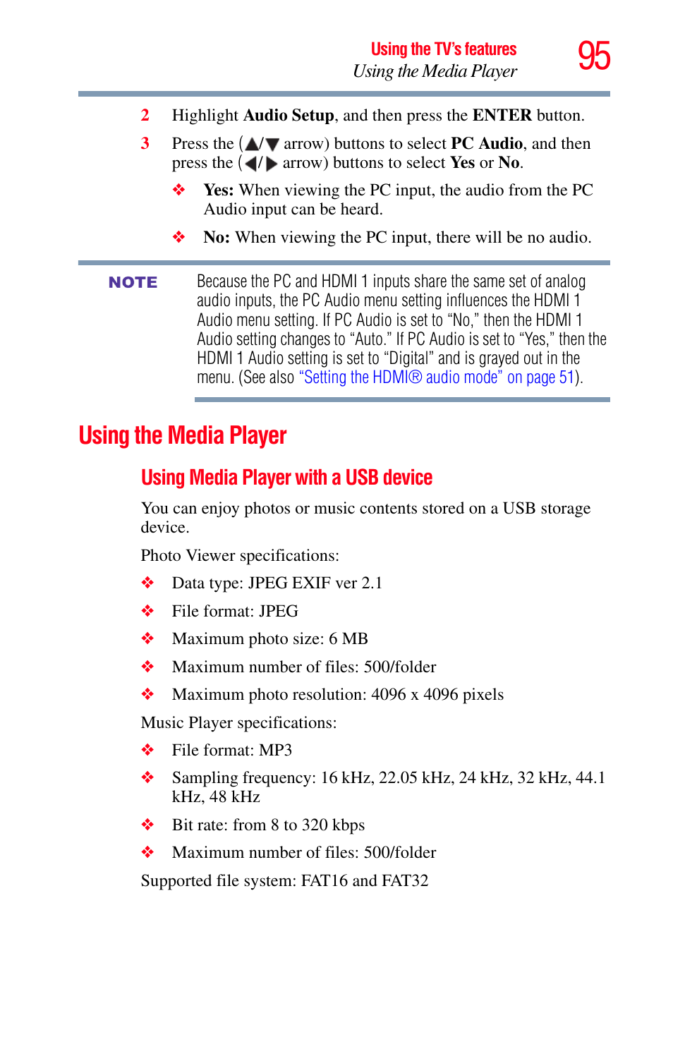 Using the media player, Using media player with a usb device | Toshiba Integrated High Definition LED Television 50L2200U User Manual | Page 95 / 131