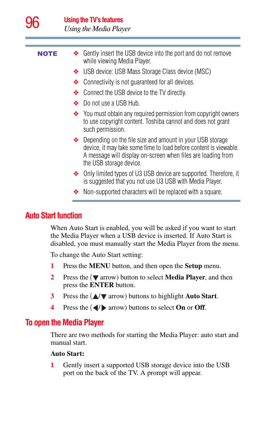 Auto start function, To open the media player, Auto start function to open the media player | Toshiba Integrated High Definition LED Television 50L2200U User Manual | Page 96 / 131